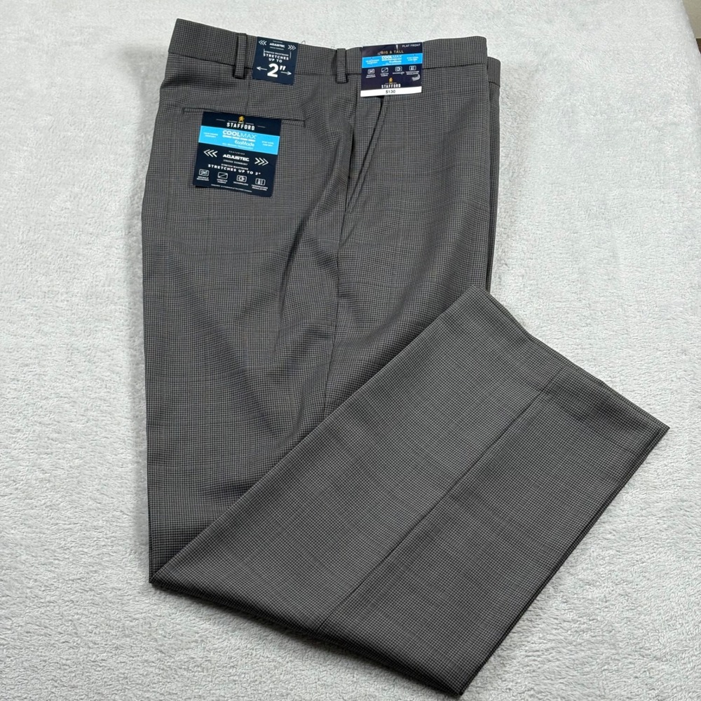 Stafford CoolMax Ecomode Gray Houndstooth Classic Wool Blend Dress Pants 46x32